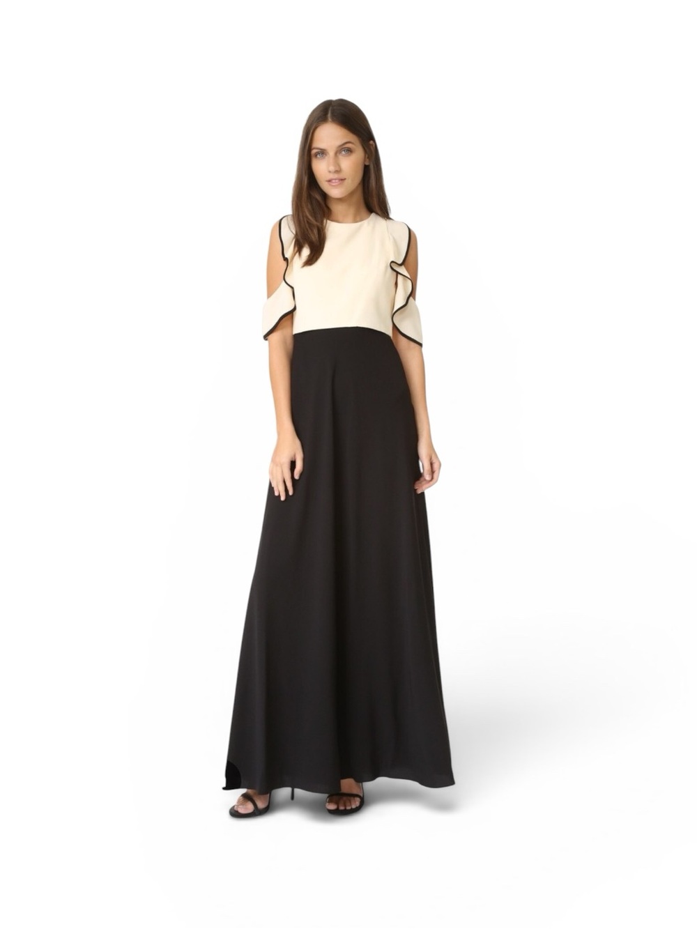 Jill Stuart Cold Shoulder Ruffle Trim Gown Size 4 Black Cream Mother Of Bride